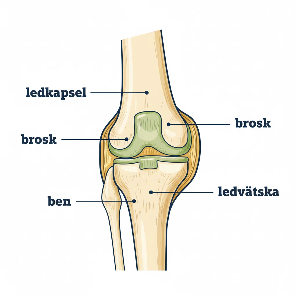 Anatomisk illustration av knäled med svenska etiketter: ledkapsel, brosk, ledvätska, ben